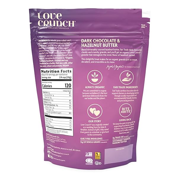 LOVE CRUNCH ORGANIC DARK CHOCOLATE & HAZELNUT BUTTER GRANOLA, 10.6 OZ (PACK OF 1), NON-GMO, FAIR TRADE, BY NATURE’S PATH