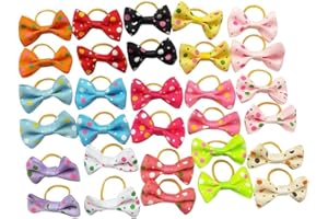 Chenkou Craft 30pcs (15pairs) New Dog Pet Hair Bow with Rubber Dot Grosgrain Ribbon Pet Grooming Products Mix Colors Varies Patterns Pet Hair Bows (Dot Ribbon Rubber Bow)