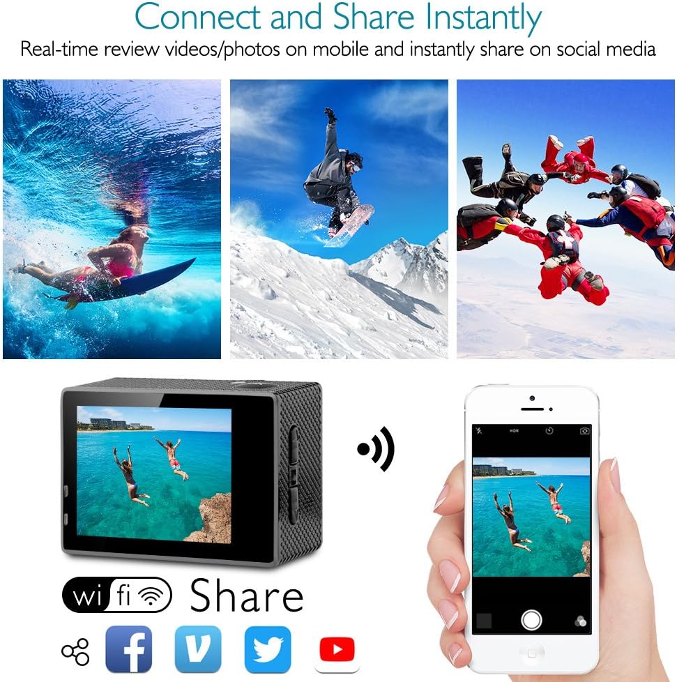 Dragon Touch 4K Action Camera 16MP Vision 3 Underwater Waterproof Camera PC Webcam 170° Wide Angle WiFi Sports Cam with Remote 2 Batteries and Mounting Accessories Kit : Camera & Photo
