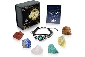 Nicetage Leo Healing Crystals Gift Ideas 12 Zodiac Signs Natural Healing Crystals with Horoscope Box Set, 6 Crystal Stones, 1 Zodiac Bracelet and Info Guide Leo Gifts for Women
