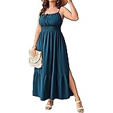 SCOMCHIC Plus Size Summer Boho Dresses Spaghetti Strap Sleeveless Casual Sundress Smocked Flowy Slit Beach Maxi Dress