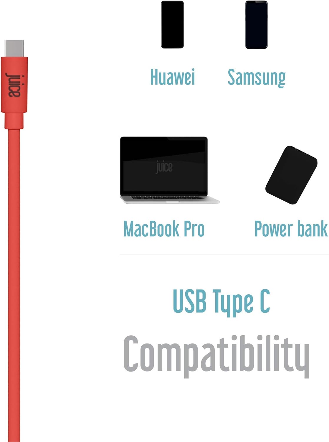 Juice USB Type C 1m Charger and Sync Cable for Samsung Galaxy S20, S10, S9, S8, S20 Plus, Huawei P30, P20, Sony - Image 4