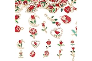 CRAFTYMELODY 40Pcs 10 Styles Rose Flower Charms Alloy Enamel Rose Dangle Pendants Red Roseflower Charms Jewelry Findings Acce