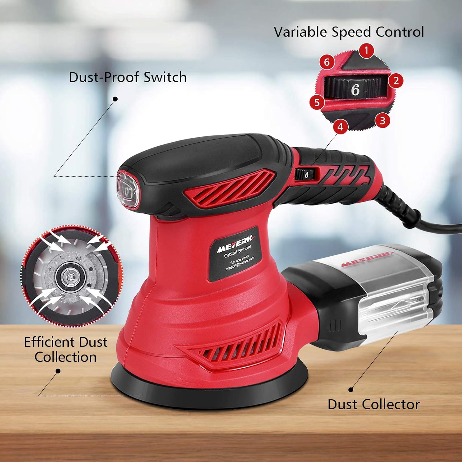 Meterk Random Orbit Sander, 6 Variable Speeds Electric Sander With 20 Pcs Sandpapers ＆ Sponge Plate ＆ Wool Plate ＆Tool Bag, Efficient Dust Collector For Finishing, Sanding, Polishing Wood - - 