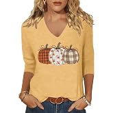 Woffccrd Womens 3/4 Sleeve V Neck Halloween T Shirts Plaid Pumpkin Shirts Thanksgiving Autumn Graphic Tee Tops