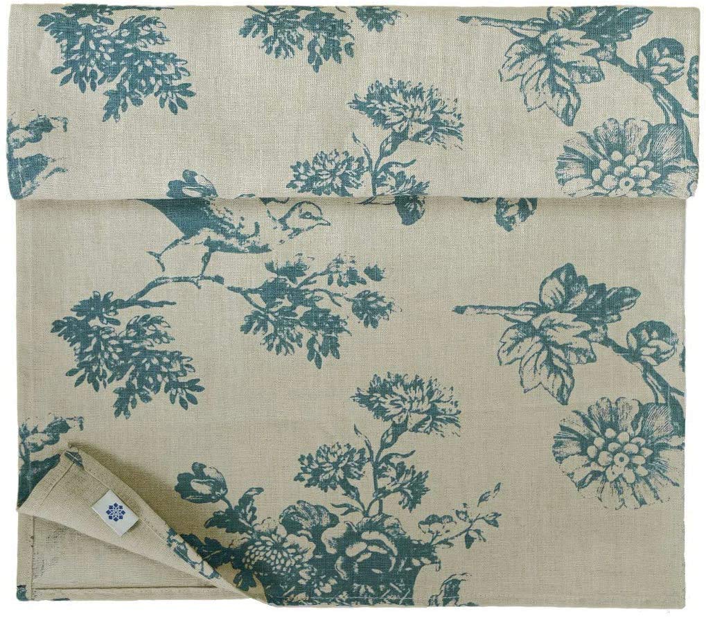 Linen & Cotton Floral Table Runner Flores - 100% Linen, Beige Blue (40 x 180 cm) Vintage Table Runner/ Coffee Table Decoration for Home Kitchen Dining Room