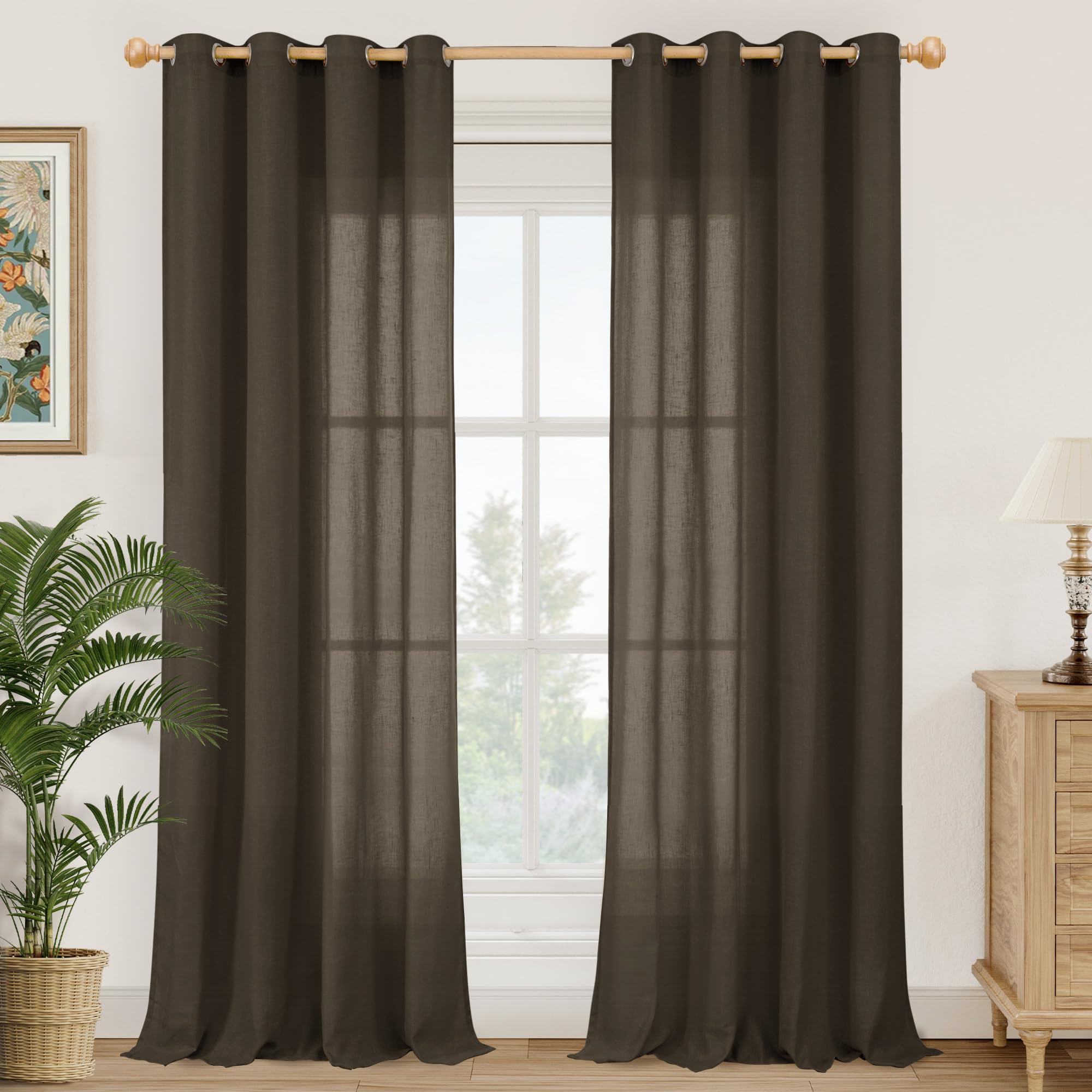 YoungsTex Brown Linen Semi Sheer Curtains 90 Inches Length for Living Room, Light Filtering Drapes Privacy with Grommet Decorative for Home Office Dining Room Bedroom, 2 Panels, 52 X 90 Inch Image
