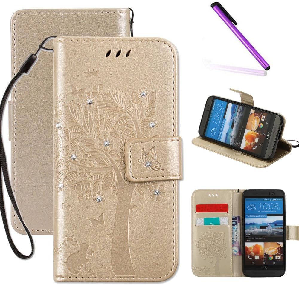 HTC One M9 Wallet Case, LEECOCO Embossed Floral 3D Handmade Bling Crystal Diamonds Butterfly with Card Slots Magnetic Flip Stand PU Leather Wallet Case for HTC One M9 Wishing Tree Gold