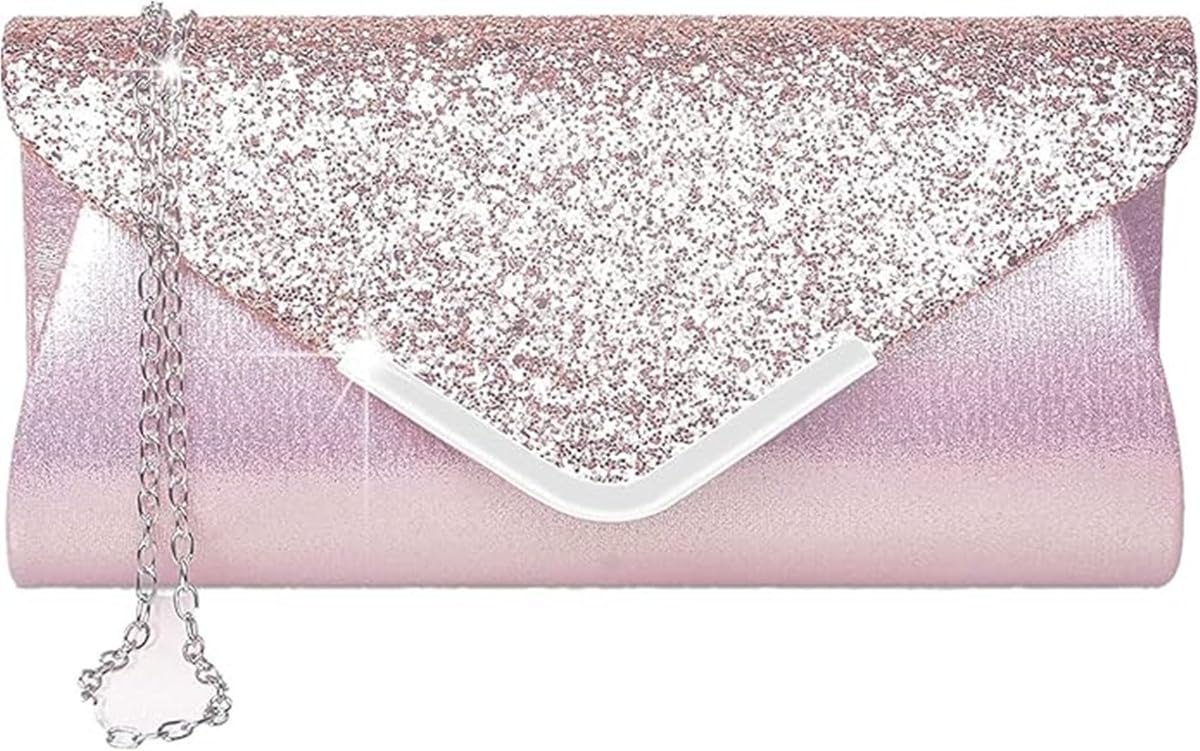 Fioeyr Women Glitter Envelope Clutch Bag Elegant Sequins Evening Clutch Purse Chain Shoulder Bags Sparkly Silver Evening Bridal Prom Party Handbag Purse