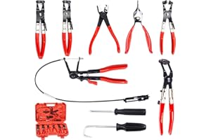 Swpeet 9Pcs Red Long Reach Flexible Wire Spring Hose Clamp Pliers Remover Assortment Kit, Clic R Type Angled Swivel Jaw and F