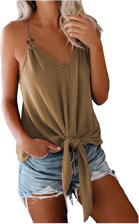 Focuserch Women T-Shirt Camisole Undershirt Solid Color Slim Sling Short V-Neck Halter Tops Hem 