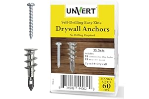 UNVERT #8 Drywall Anchors and Screws Kit, Zinc Dry Wall Anchors for Drywall Heavy Duty, Wall Anchors and Screws Self Drilling Drywall Anchor. Sheetrock Anchors No Pre Drill Hole Required (25 Pack)