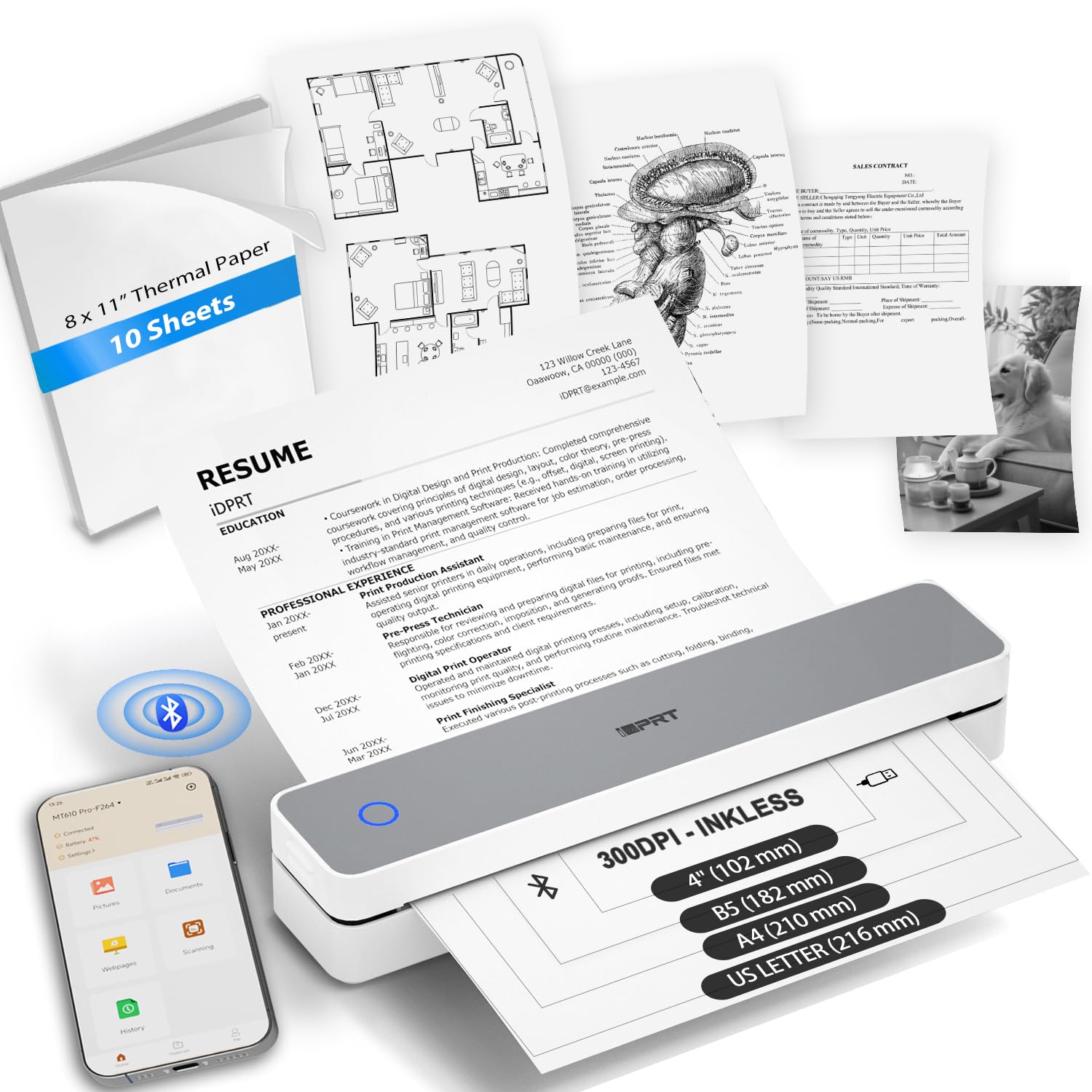 Photo 1 of iDPRT Inkless Portable Printer for Travel, 300DPI Wireless Thermal Printer Support 8.5" x 11" US Letter, A4, Small Bluetooth Printers Compatible with iOS, Android Laptop for Home Office Car, Grey