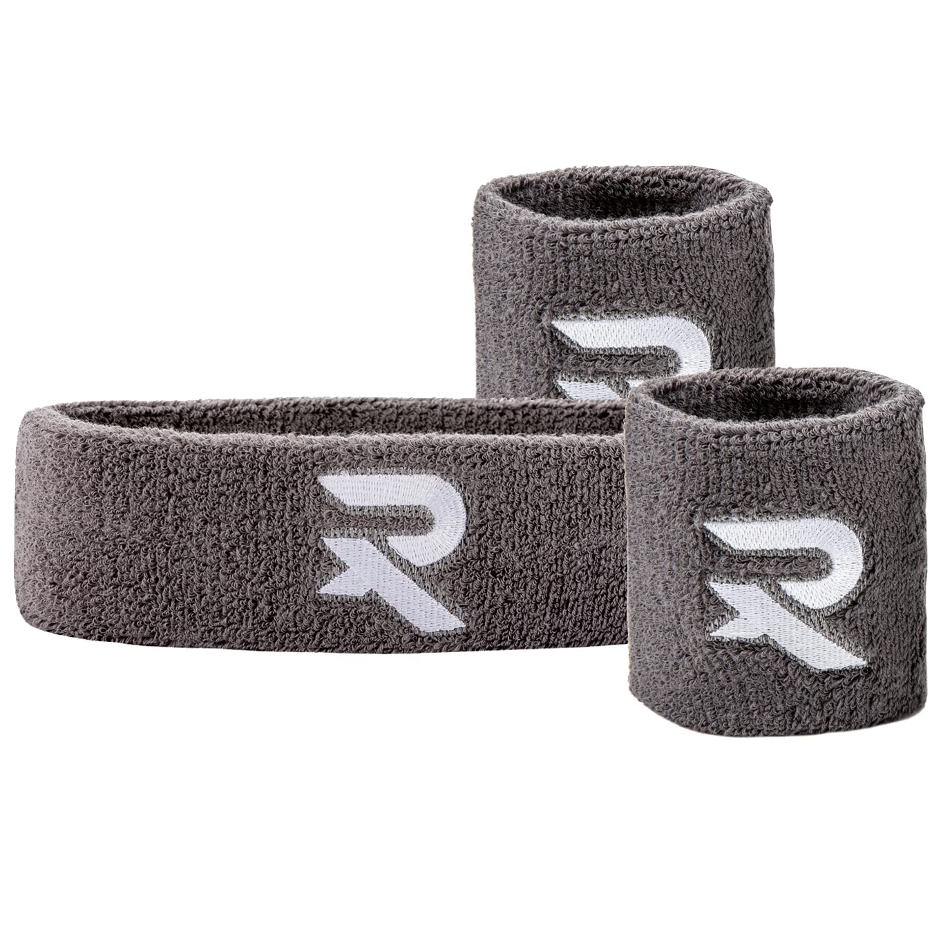 Raquex Wristband and Headband Set - Snug Fit Exercise Band - Cotton Sweat Bands for Men and Women - Stretchy Sweat Bands for Sports - 2 x Wrist Bands, 1 x Head Band (Grey)