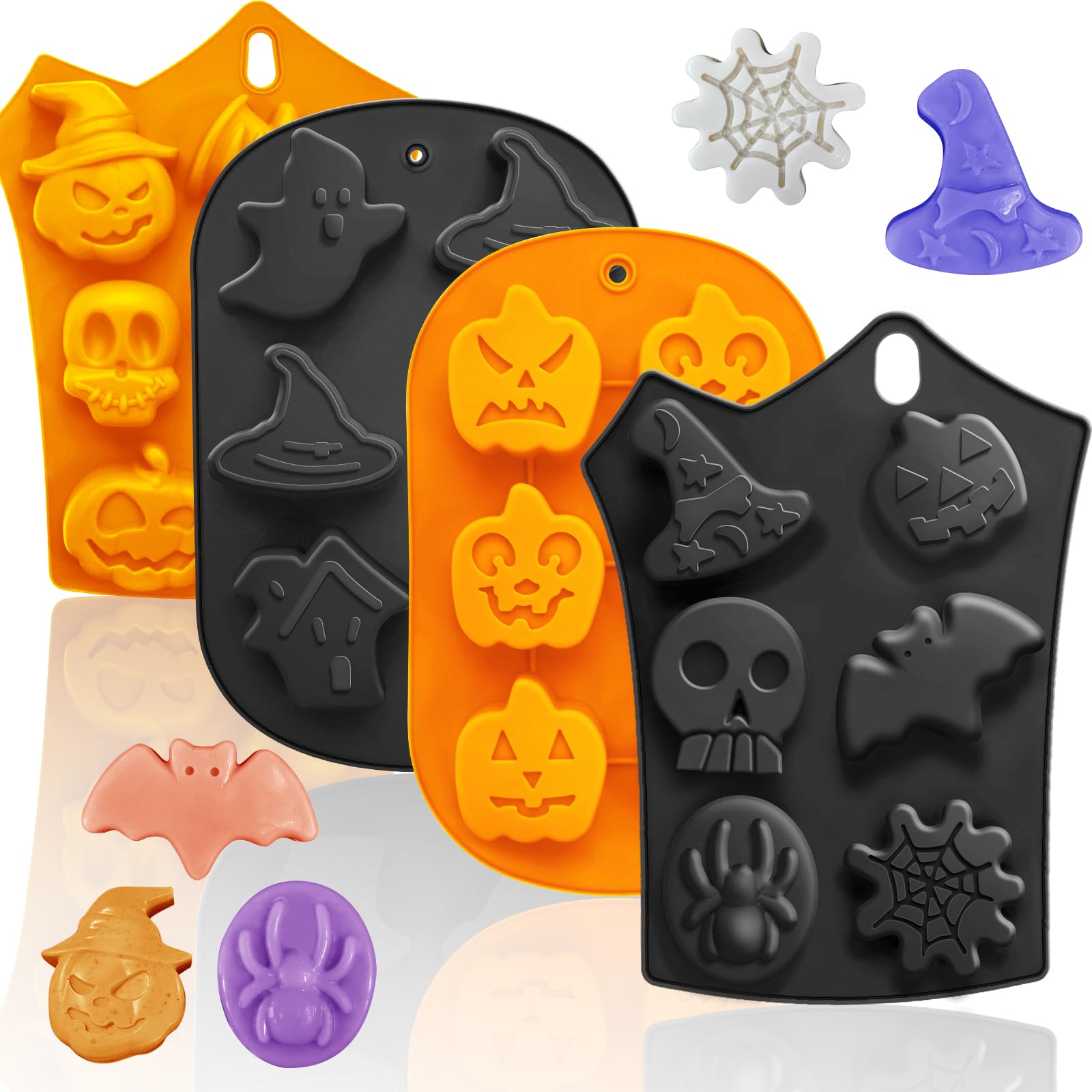 Photo 1 of Halloween Silicone Molds Set 19 Shapes Large Baking Molds Pack of 4 Including Pumpkin Skull Ghost Bat Hat Spider Web House Molds, 3D Spooky Homemade Soap Candle Ice Pan Muffin Cupcake Moulds Oven Safe