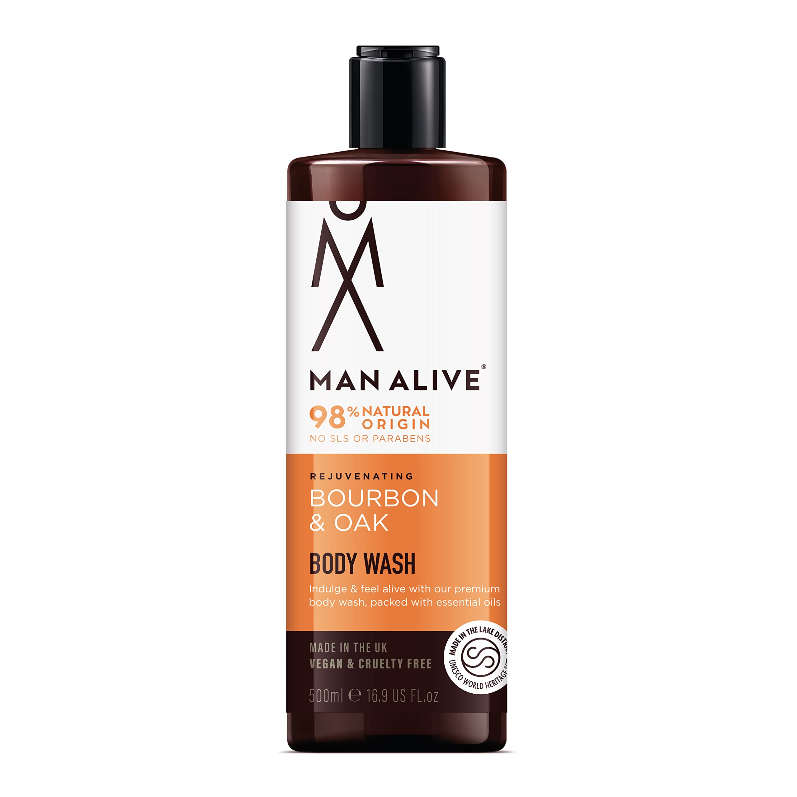 MAN ALIVE Shower Gel for men, 500ml mens body wash & face wash contains a masculine scent, Vegan, SLS Free & sulfate free formula. ideal mens grooming gifts for men (Bourbon & Oak, Single)