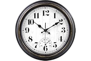 45MinST 12 Inch Indoor/Outdoor Retro Round Waterproof Wall Clock with Thermometer, Silent Non Ticking Battery Operated Quality Quartz Wall Clock Home/Patio Decor(Black Gold)