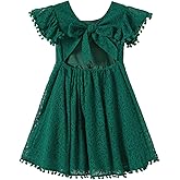 Niyage Backless Toddler Dress Open Back Girls Lace Bow Tie-Back Pom Pom Flutter Sleeves Party Princess Dresses