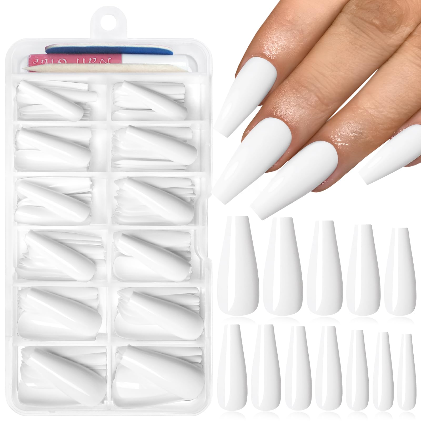 Lifextol 120PC White Coffin Press on Nails Long Fake Nails Press ons with Glue Nail Adhesive Tabs, 12 Sizes Long Acrylic Nails Press on Nails Coffin White Stick Nails Tips Artificial Fingernails