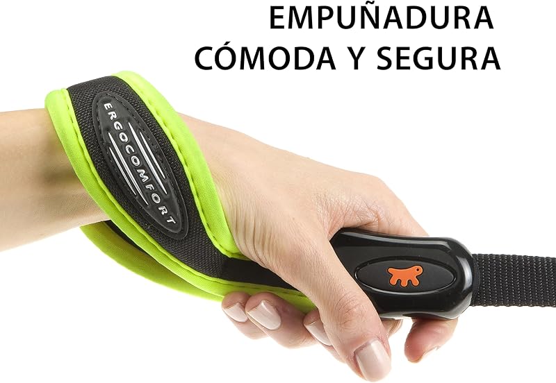 Correa Perro ERGOFLUO, Correa Perro Grande, Asa ergonómica Acolchada, Nylon. Tamaño 120 cm, Amarillo