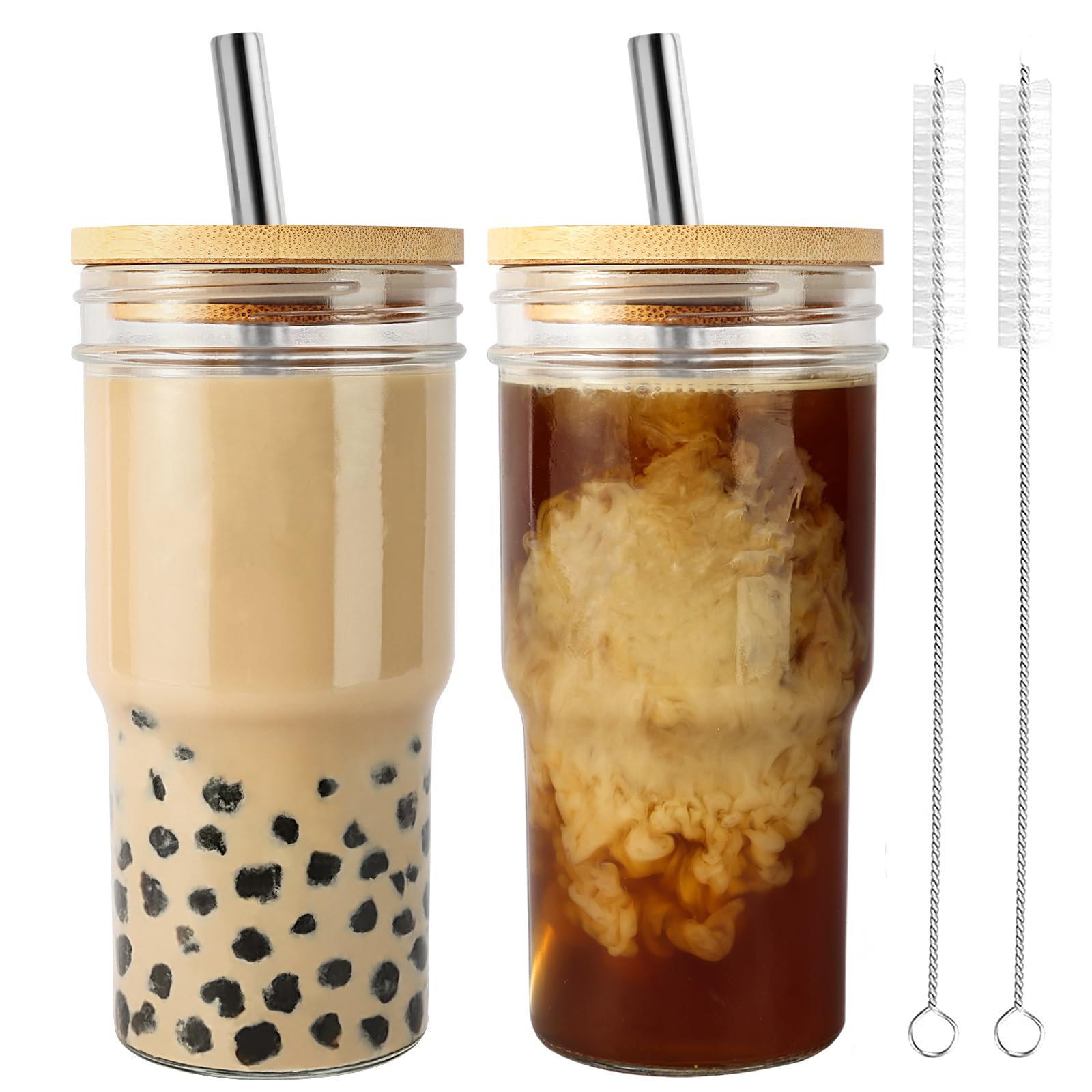 Photo 1 of 24oz Reusable Iced Coffee Cup Smoothie Cup bubble Tea Cups, 2 Pack Wide Mouth Glasse Cup with Bamboo Lid and Straw, Mason Jar Cup Drinking Glasses Tumbler with Straw and Lid (Silver Straw, 2)
