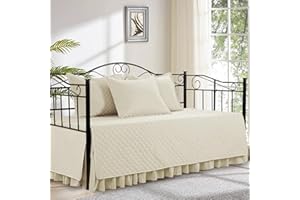 HOMBYS Daybed Cover Sets- Diamond Stitching Daybed Bedding Set, All Season Cozy Bedding with Bedskirt with Shams, Microfiber Filling, 5 Pieces, Beige
