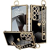 MOWIME for Samsung Galaxy S25 Ultra Case with Wrist Strap, Cute Heart Pattern Design for Women Girls Soft Plating Bumper Anti-Scratch Protective Phone Cover with Band Kickstand Holder - Black