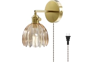Vintage Plug in Wall Sconce, Gold Sconces Light with Amber Tulip Glass Lampshade, E26 Base Wall Lamp, Swing Arm Wall Light wi