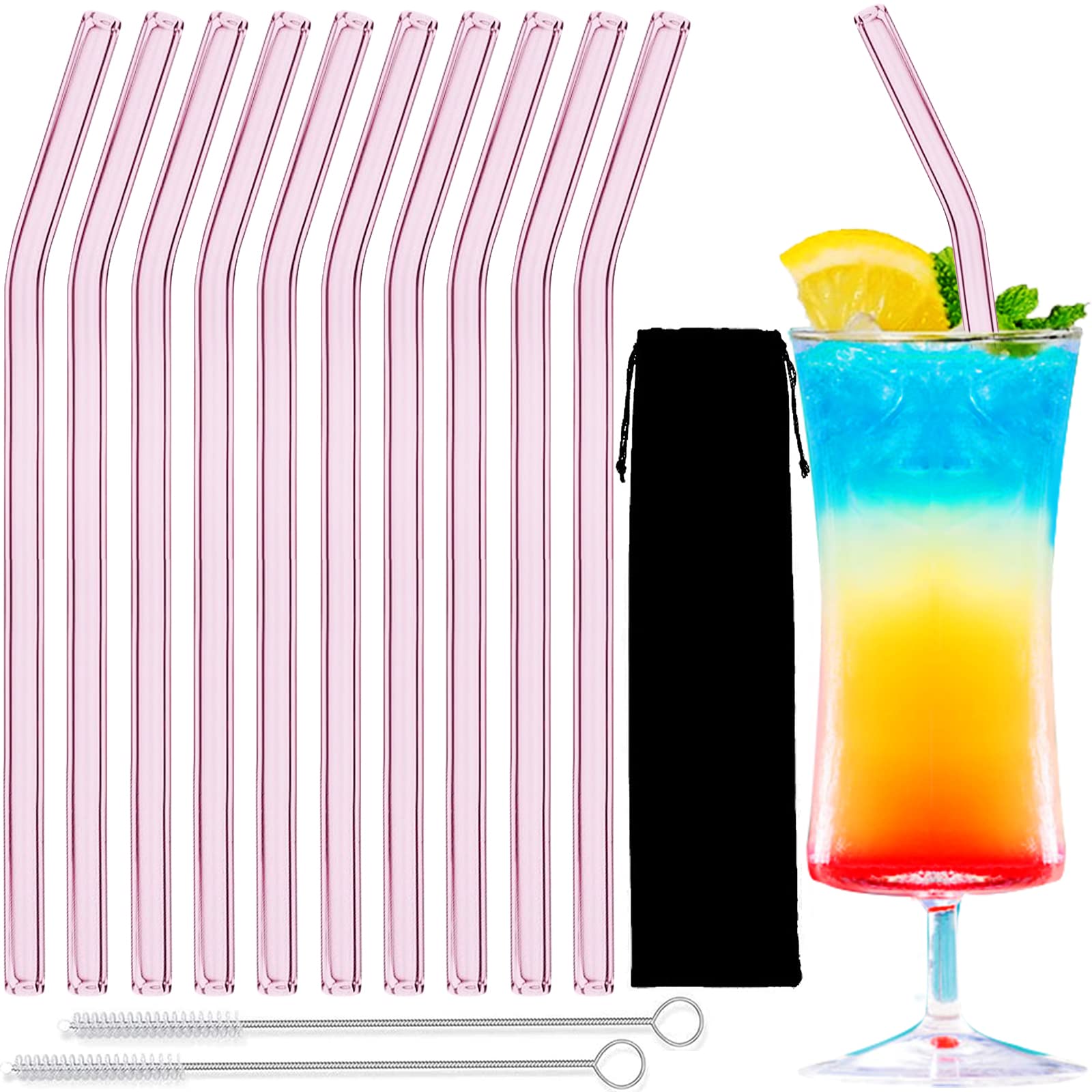 Photo 1 of 10 Pack Reusable Pink Glass Straws, 8" Shatter-Resistant Bent Drinking Straws for Smoothies, Milkshakes, Hot/Cold Drinks, with 2 Cleaning Brushes Dishwasher Safe Fits Tumblers, Tervis, Mason Jars