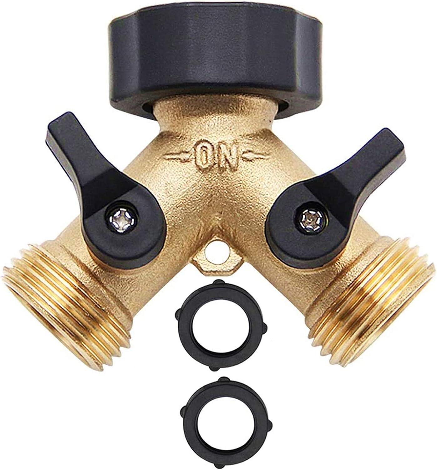 Biswing Garden Hose Splitter 2 Way, Heavy Duty Brass Connector Tap Splitter, Y Splitter 2 Valves with 2 Extra Rubber Washers