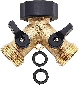 Biswing Garden Hose Splitter 2 Way, Heavy Duty Brass Connector Tap Splitter, Y Splitter 2 Valves with 2 Extra Rubber Washers
