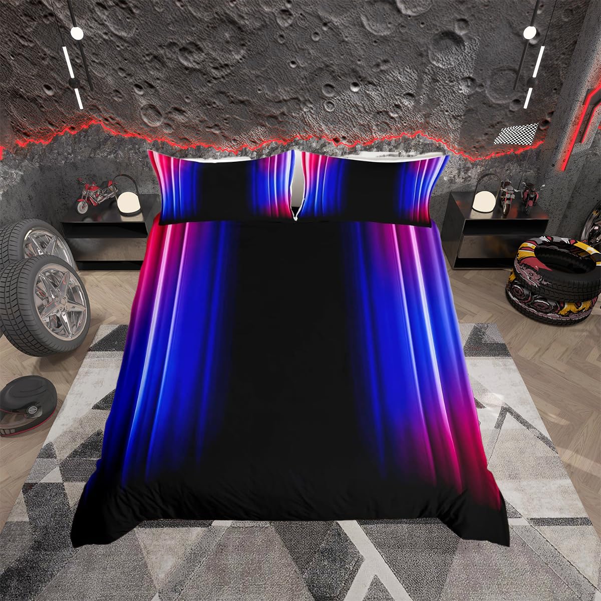 Loussiesd Geometric Abstract Ombre Duvet Cover Set Kids Teens Red Blue And Black Striped Bedding Set Decor Modern Fashion Comforter Cover Set with 2 Pillowcases 3Pcs Bedding Double Boys — image 1