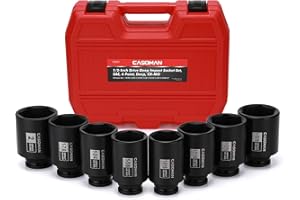 CASOMAN 8PCS 1/2" Dr. Deep Impact Socket Set-SAE, 1-9/16" to 2", 6-Point, Spindle Axle Nut Impact Socket Set, CR-MO, Impact G