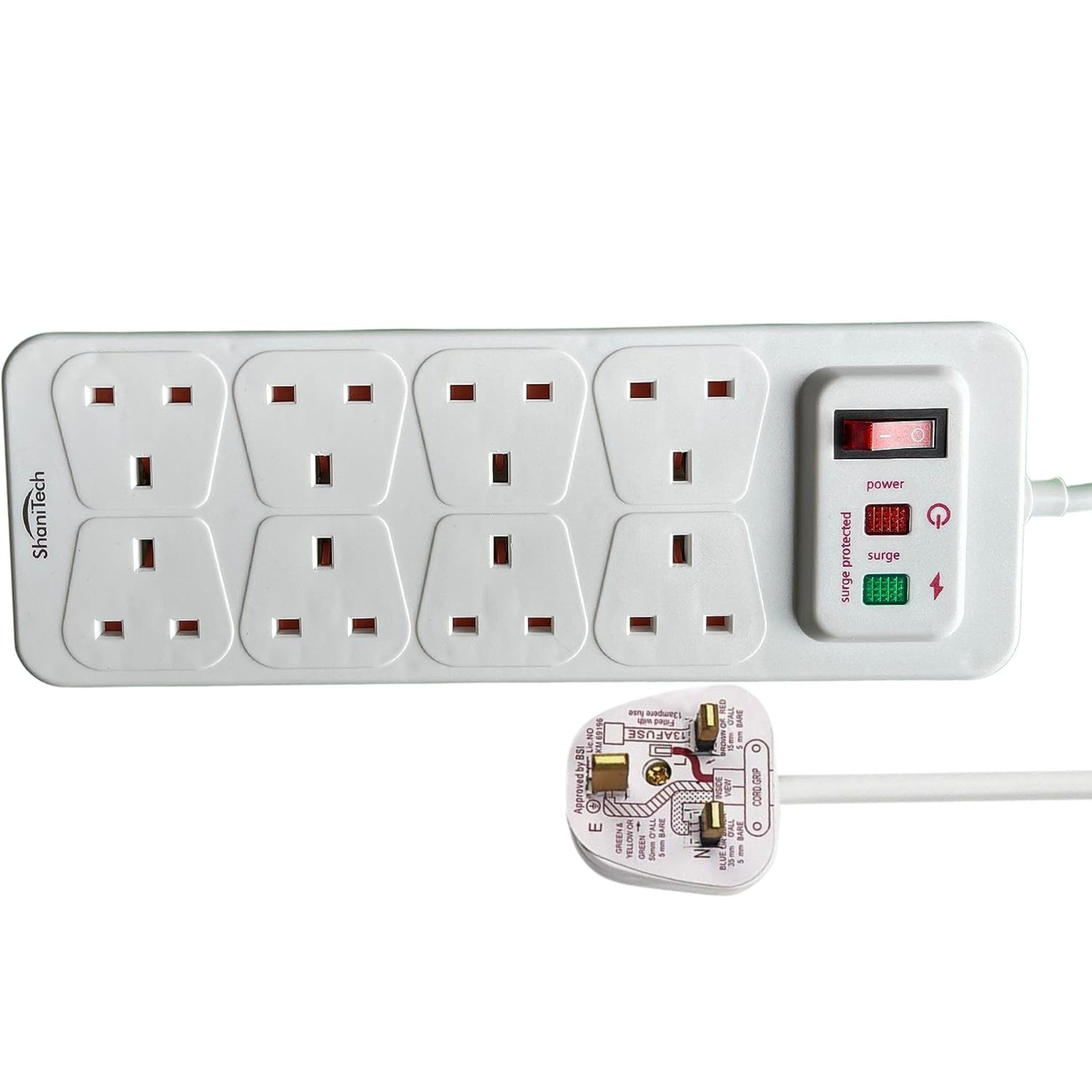 ShaniTech 8 Gang Power Surge Protected Socket with 2 m Extension Lead Switch