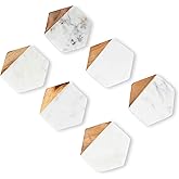 GoCraft Marble & Wood Coasters – Set of 6 Handcrafted Round Drink Coasters – White Marble with Natural Mango Wood – Geometric Coasters for Wine Glasses, Coffee, Bar, Kitchen & Home Use