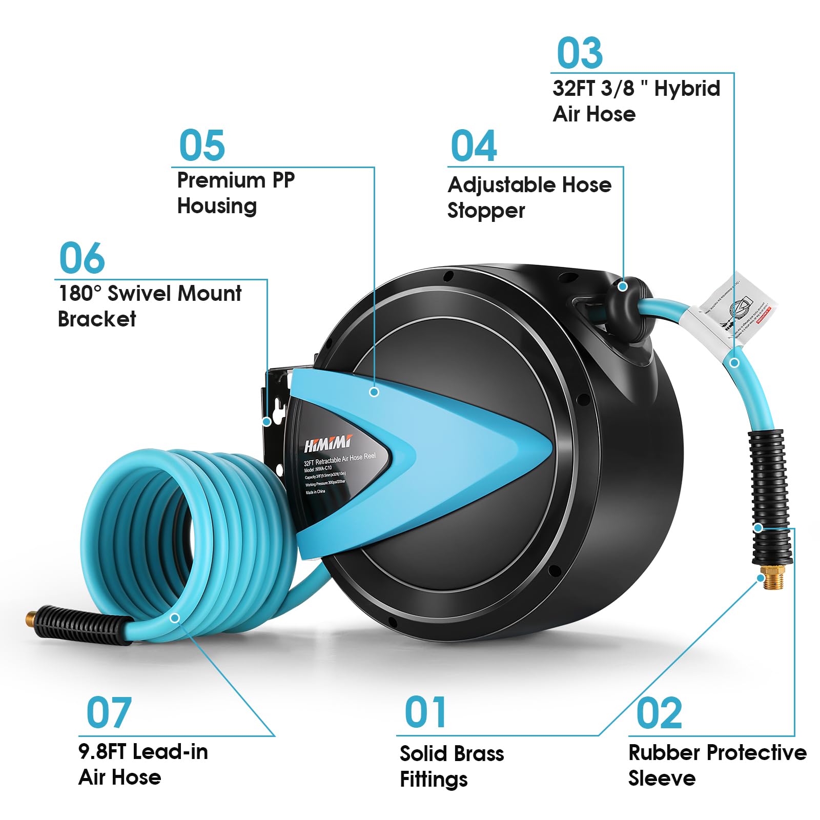 32FT + 9.8FT Retractable Air Hose Reel, Ceiling/Wall Mount Penumatic Hose Reel for Garage