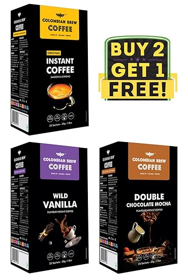 Colombian Brew Coffee Pure Instant 50g, Vanilla Instant 50g, Double Chocolate Mocha 50g, Buy 2