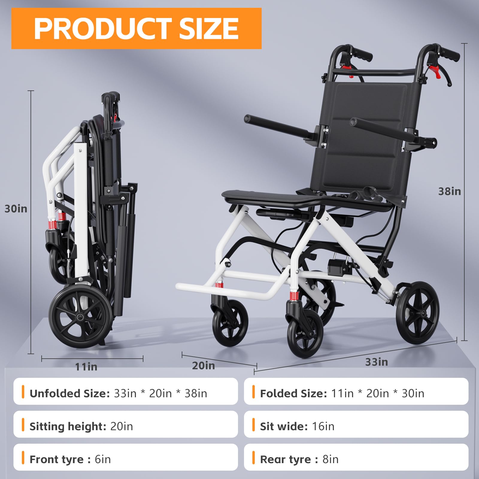UU-ZHANG Super Lightweight Transport Wheelchair. Easy to Travel, Locking Hand Brakes, User-Friendly, Folding, Portable. for Adults or Child (up to 220lbs) …