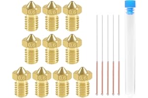 Aokin 10 Pcs 0.6mm Extruder Nozzles 3D Printer Brass Nozzles for E3D V5 V6 and 5 Pcs 0.5mm Stainless Steel Nozzle Cleaning Needles for 1.75mm Filament 3D Printer