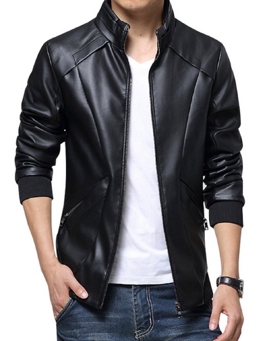 KIWEN Men's Stand Up Collar Faux Leather Jacket Slim Fit,Black,US S/Tag