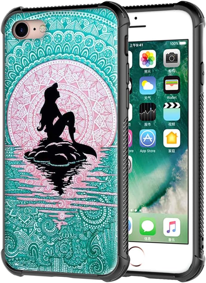 iPhone 7 Case,iPhone 8 Phone Cover, Mermaid with Moon Pattern Tempered Glass Back Cover Soft TPU Bumper Frame Shock Absorption Case for Apple iPhone 7 and iPhone 8