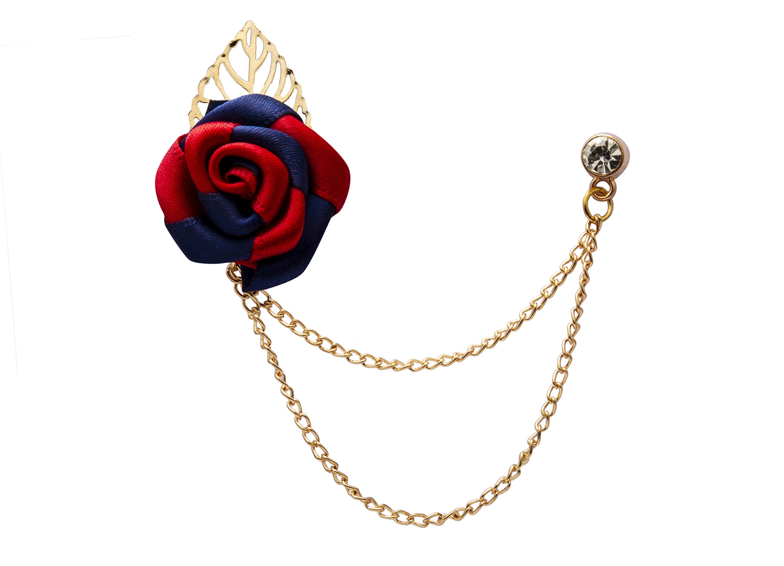 Brooch Lapel Pin for Men Red and Blue Rose with Gold Leaf and Hanging Chain Lapel Pin Badge Coat Suit Wedding Gift Party Shirt Collar Accessories