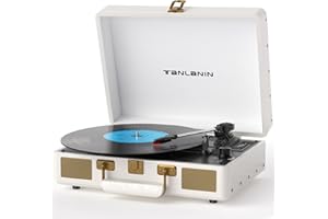 TANLANIN Vintage 3-Speed Bluetooth Portable USB Suitcase Record Player with Built-in Speakers, Upgraded Vinyl Turntable Audio Sound, Includes Extra Stylus & Mat, White Leather