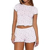 Lacozy Cute Pajamas for Women Set 2 Piece Short Sleeve Pjs Floral Graphic Crop Top Y2K Summer Sleepwear Lounge Set