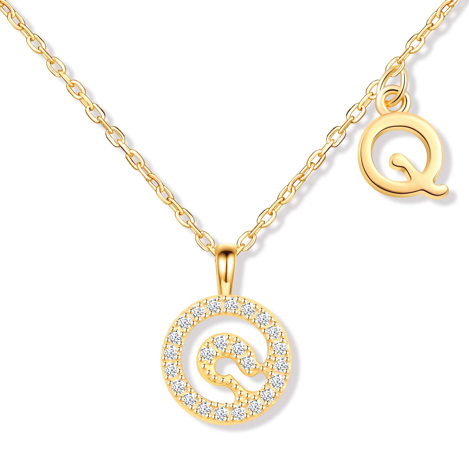 MicLee Women's girl's Necklace pendant, 925 Sterling Silver necklace, Fashion letter diamond necklace, Gold the letter Q necklace pendant, Inlaid zircon, beautiful and shining pendant