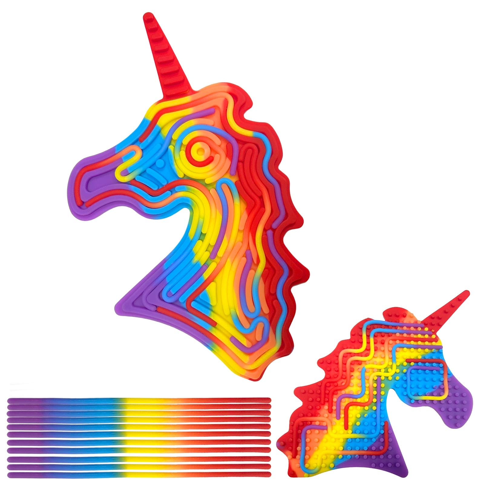 Juvanovo Push Peel Sensory Board, Silicone Sensory Activity Board, Double Side Fidget Board with 11 Strings, Silicone Fidget Toy, Sensory Toys for ADHD ADD OCD Autism (Unicorn A)