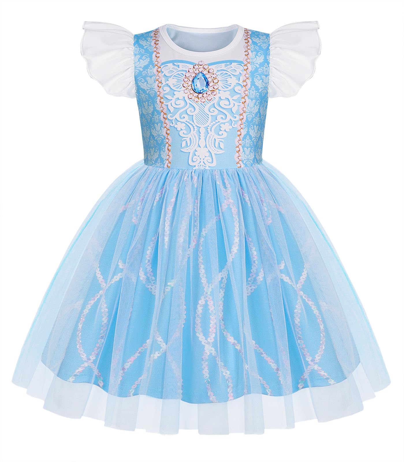 Photo 1 of HenzWorld Girls Halloween Costume Dressing up Fancy Birthday Party Ball Gown Flutter Sleeve Tulle Dresses Birthday Gift for Girls 9-10 Years, Sky Blue Vestidos De Princesas Para Niñas