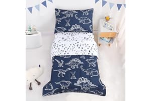 Jundetye 4 Pieces Dinosaur Toddler Bedding Set for Boys, Soft Breathable Toddler Comforter Set, Dino Print Navy, Includes Reversible Comforter, White Fitted Sheet and Flat Sheet, Pillowcase