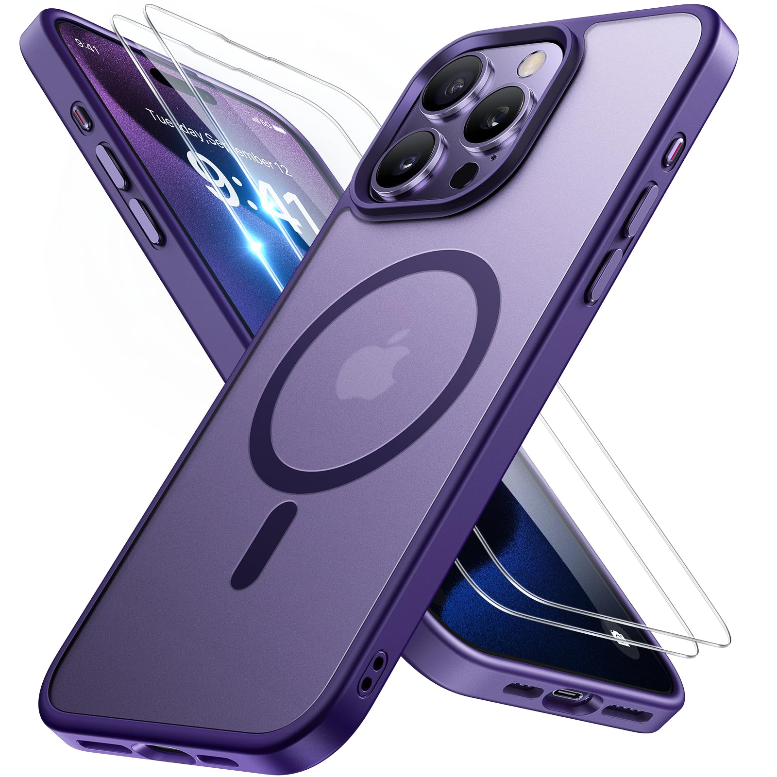 Photo 1 of Miracase Magnetic for iPhone 15 Pro Max Case 6.7 inch (Compatible with MagSafe)?with 2X Screen Protectors?Military-Grade Protection, Anti-Fingerprint Translucent Matte Phone Cover, Dark Purple