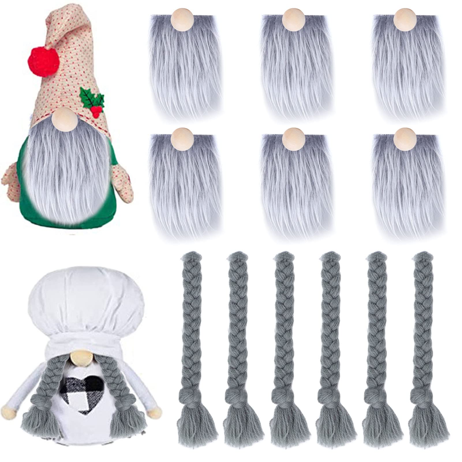 Jeanoko Gnome Beards Faux Fur Fabric for Crafting, 18 PCS Precut Gnome Beard Fluffy Gray Costume Braid Beard with Wood Balls for DIY Crafts Ornaments